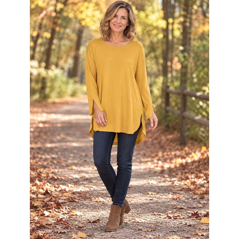 Woolx Hazel Merino Wool Blend Tunic Top Mustard Yellow 1X Long Sleeve High Low